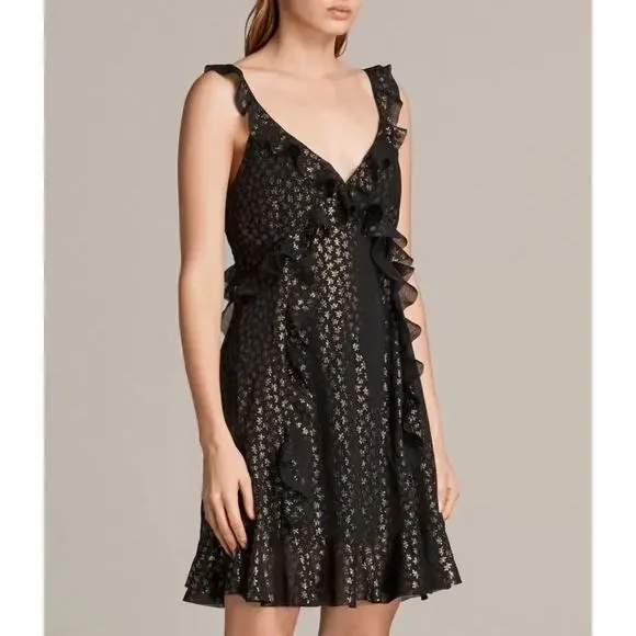 All Saints Derrell Black & Gold Ruffle Dress - Picture 2 of 15